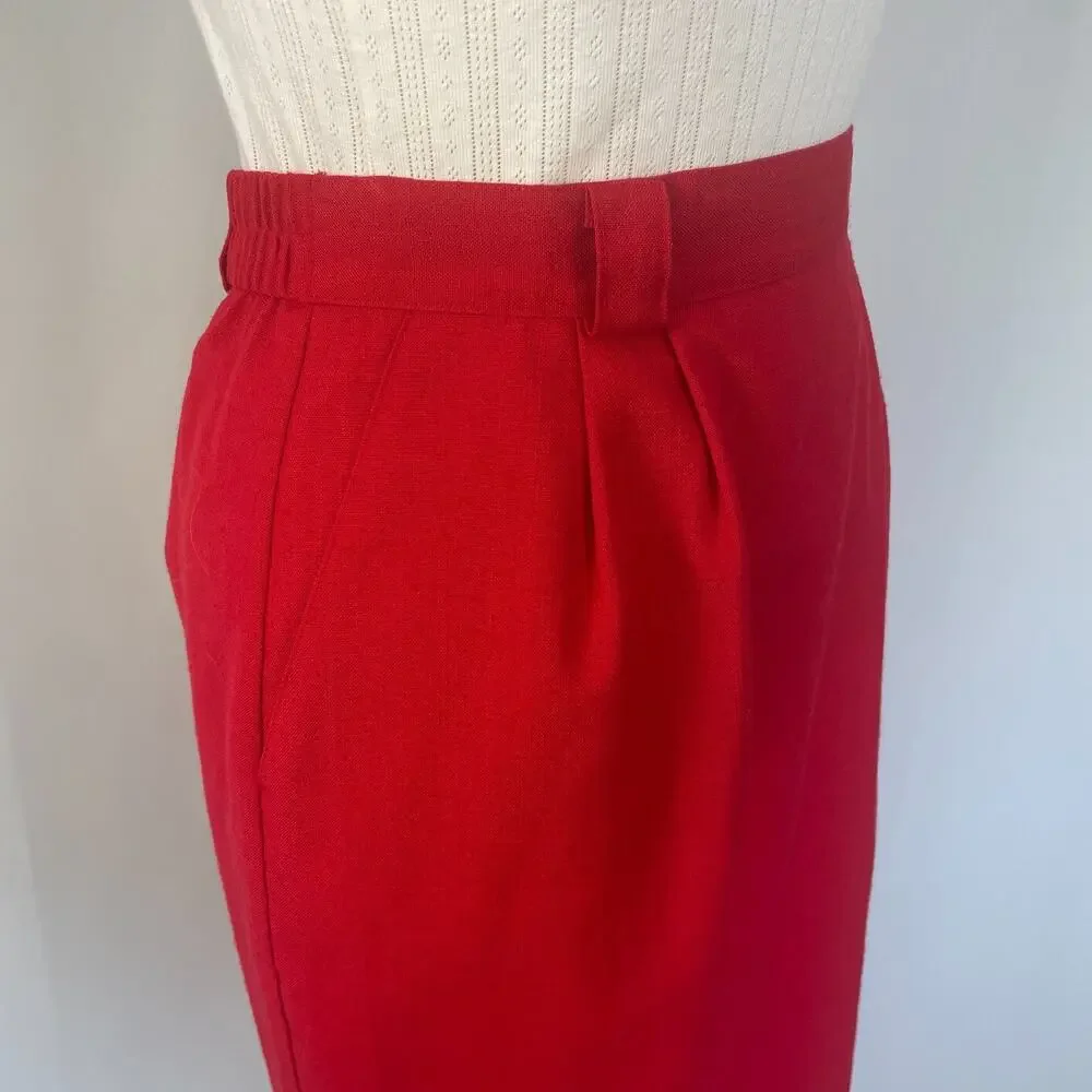Vintage Pencil Skirt Size 12 Red Solid High Rise Midi Minimal Retro Career 90s